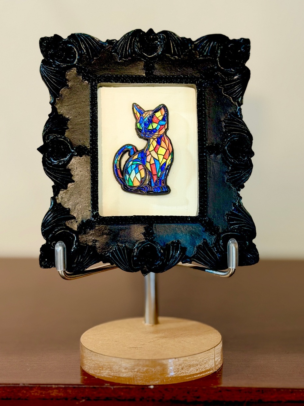 Colorful Mosaic Cat Framed Mini Art Gothic Black Frame Decor - Picture 5 of 5